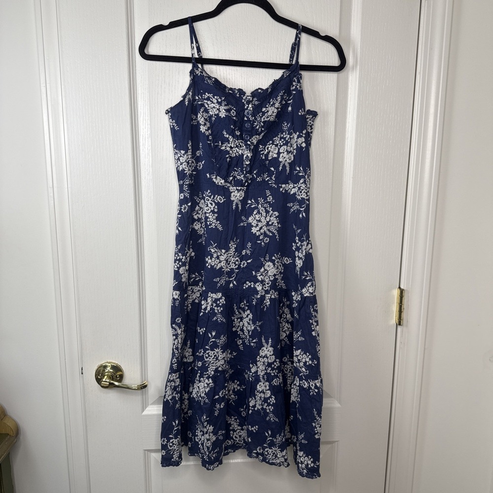 H&M Womens Navy Floral Tiered Sundress 6 Cotton Prairie Cottagecore Button Front